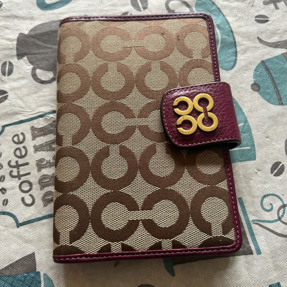 Coach Tan and Burgundy Patterned Wallet